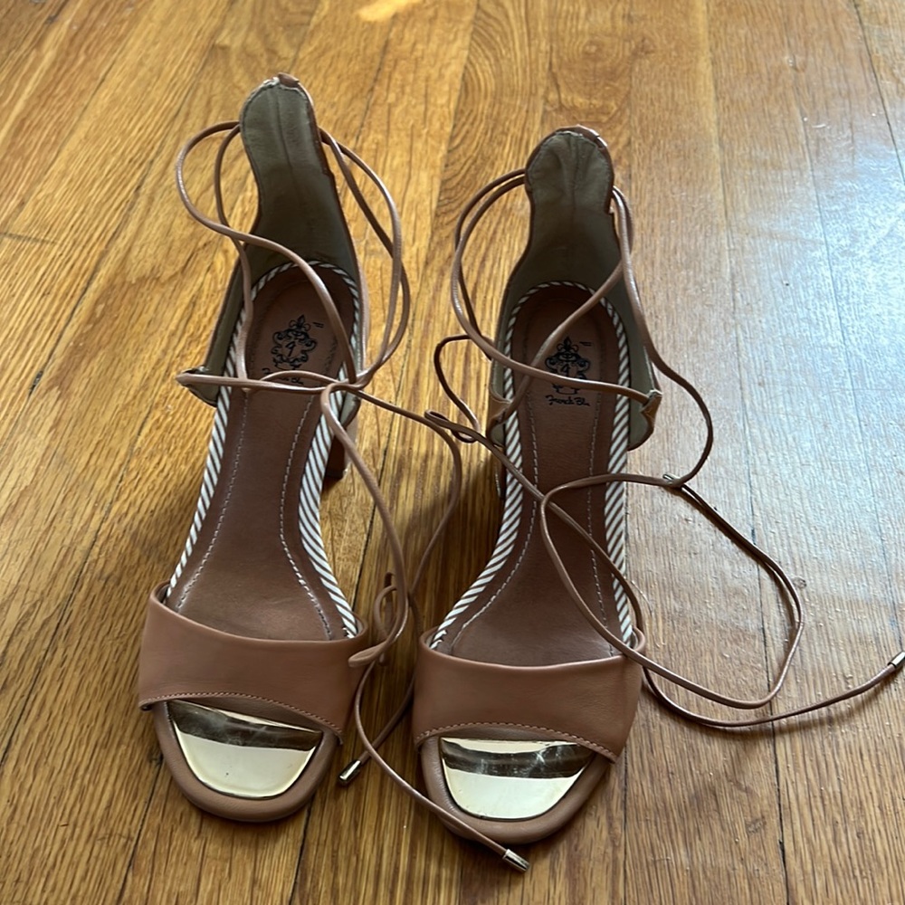 French Blu peep toe camel lace up pumps